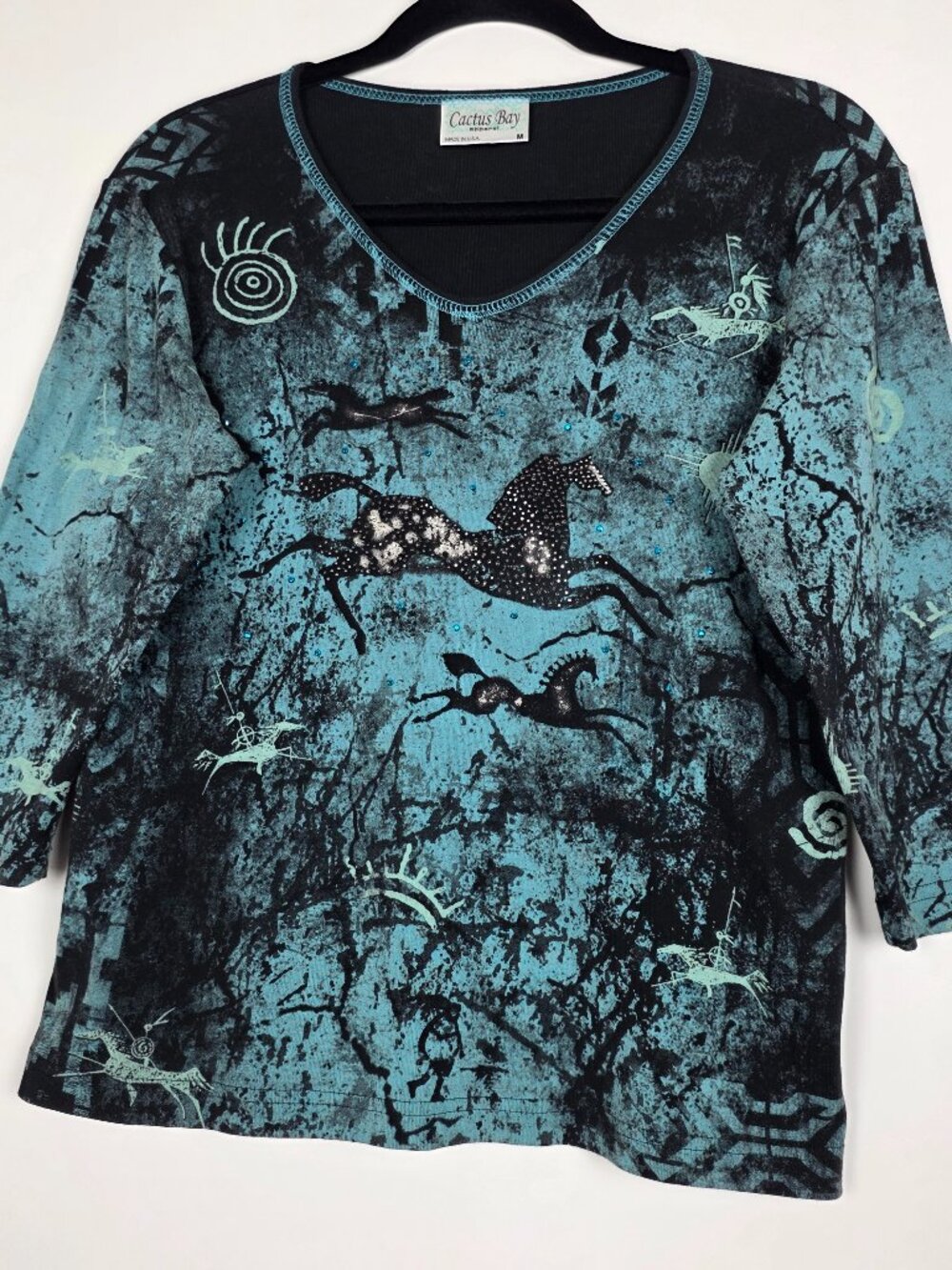 Cactus Bay Equestrian Western Rhinestone Turquoise Womens Medium 3/4 Sleeve Top
